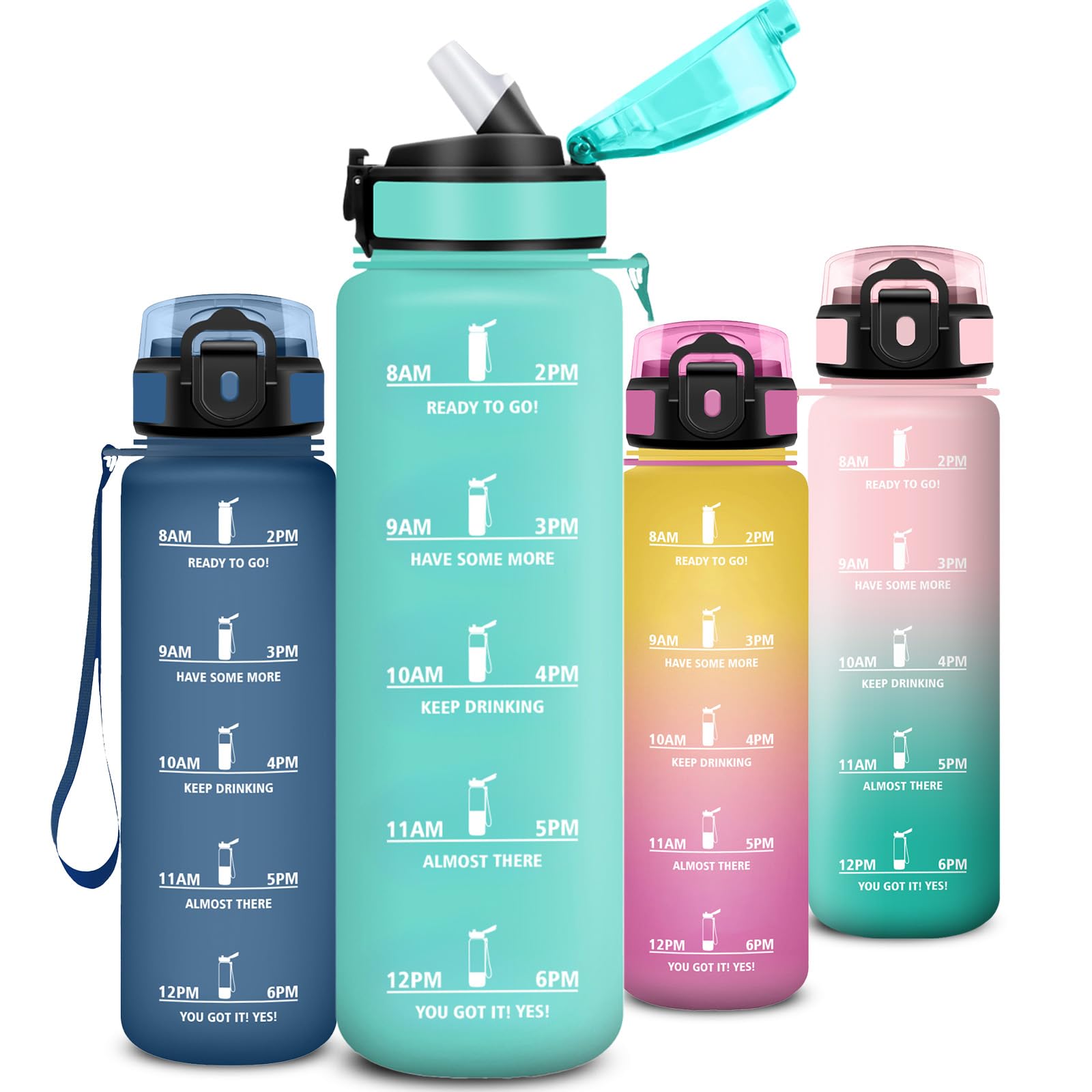 Mujigaga Water Bottle 1 Litre, Leak-Proof Water Bottle with Time Marking and Lacing, Sports Water Bottle with Straw, Bottle with Secure Locking, Water Bottle for Fitness, Bike, Outdoor