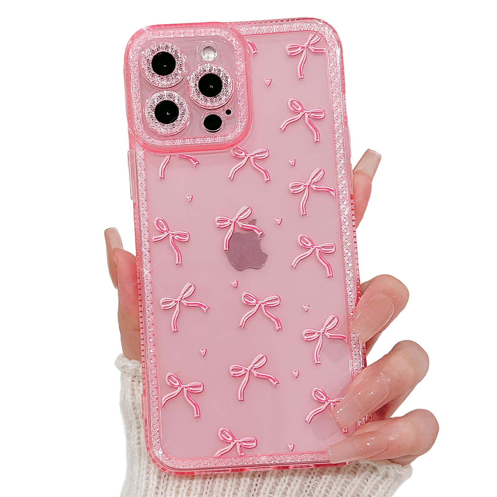 NITITOP Compatible With IPhone 13 Pro Case Clear Cute For Women Girls Glitter With 3D Bowknot Pattern Pearl Design Bling Sparkly Protective Phone Cover - Pink