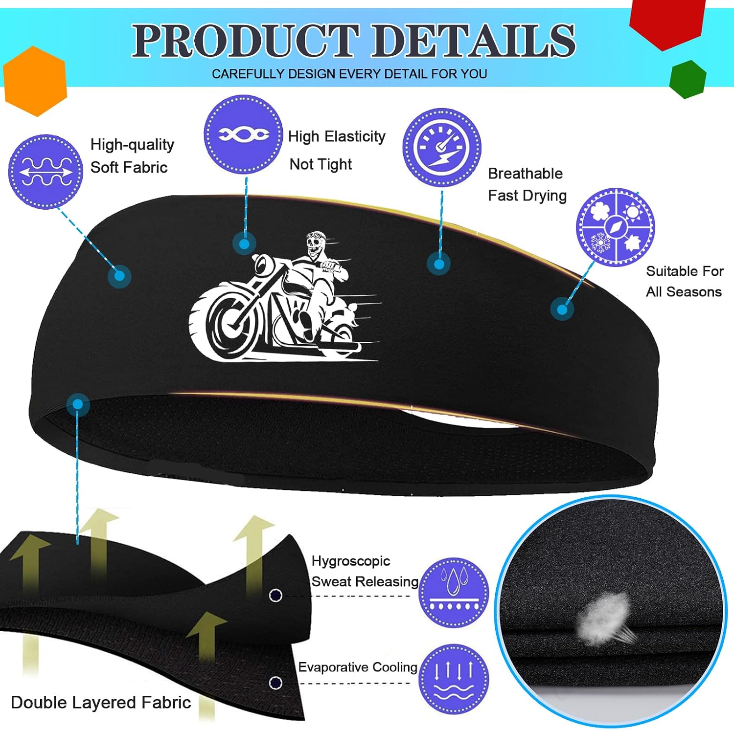 Headbands for Men Women 3pcs Sports Sweatbands Workout Running Sweat Bands Headbands Men Skull Cooling Hairband for Mens Tennis Football Gym image 3