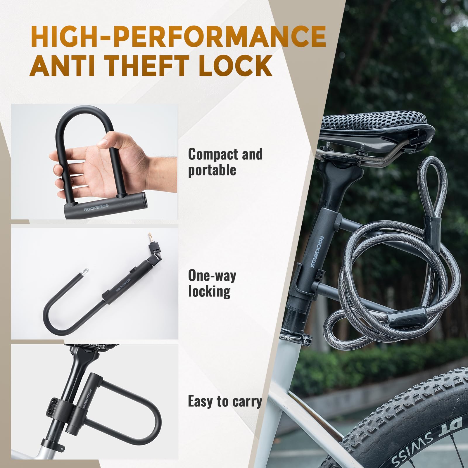 ROCKBROS U Lock Bike U Lock with Cable Heavy Duty Anti Theft Bike Lock U-Lock 4 ft Cable with Keys & Sturdy Mounting Bracket for Road, Mountain, Electric Bikes - 4