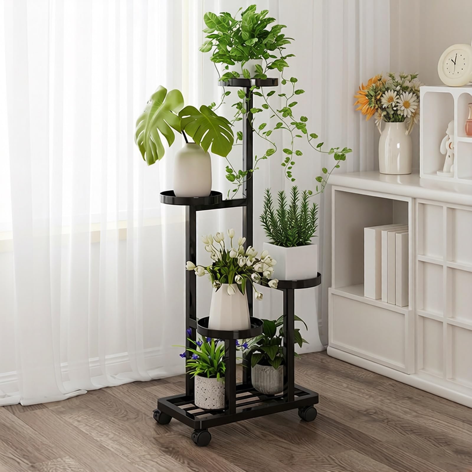 Support à fleurs métallique grand sur pied avec roulettes Black-B