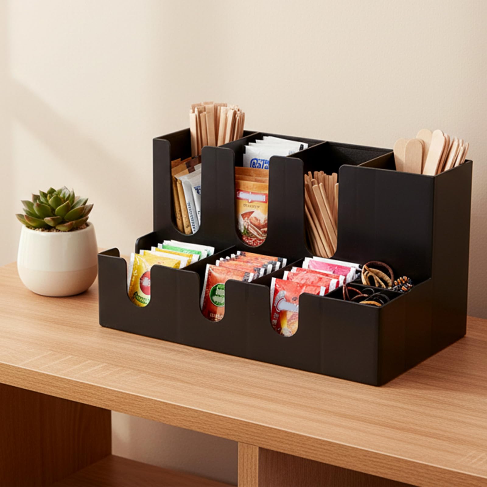 EVERGOODS Coffee Condiment Organizer Caddy, Black Plastic Coffee & Tea Station Accessory Holder with 9 Compartments, Countertop Bar Organizer for Cups, Lids, Straws, Stir Sticks and Sugar Packets