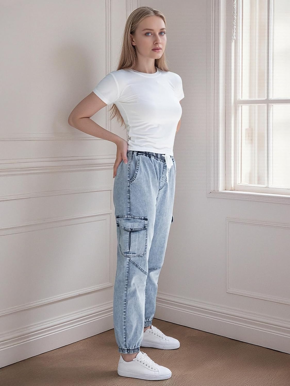 Women's Cargo Joggers Pants with Pockets - High Waisted Elastic Waist Jeans with Drawstring, Stretchy Comfort Fit - Image 5