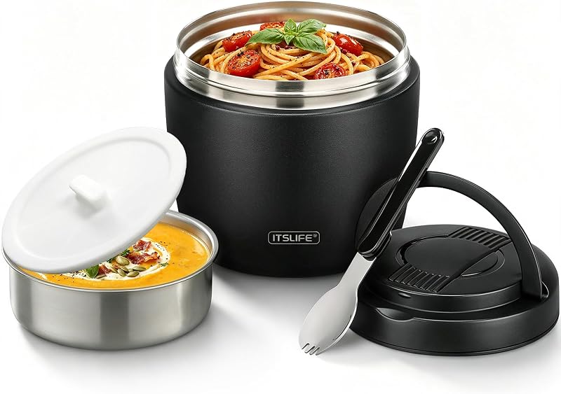 32oz Insulated Soup Thermo, Vacuum Stainless Steel Food Jar for Hot & Cold Food, Leakproof Wide Mouth Lunch Container with Spoon, Black