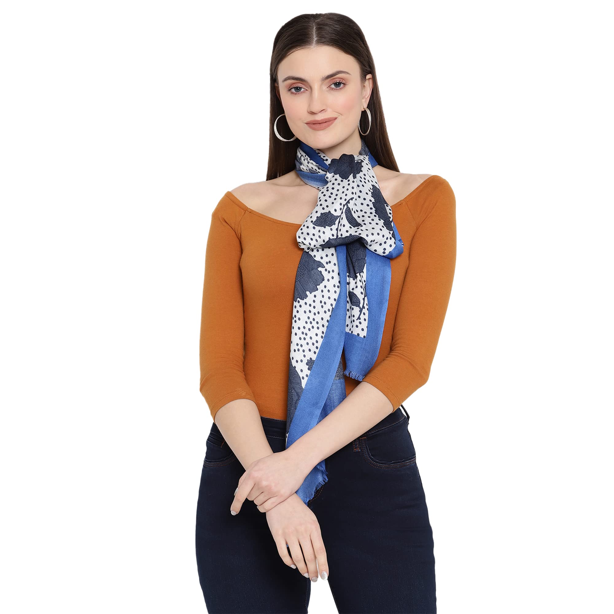 Blue Modal Silk Printed Fringed Women Muffler-image-36