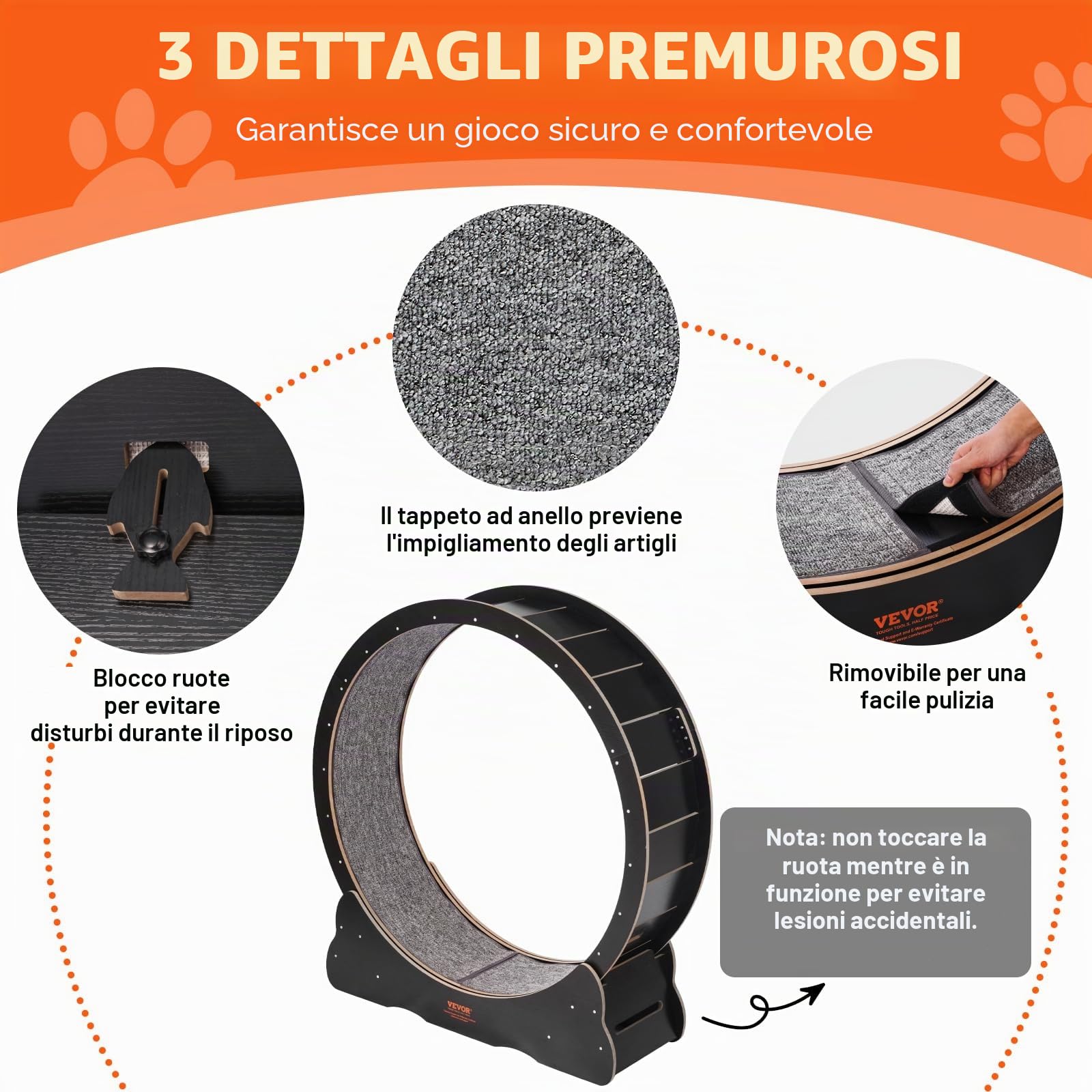 VEVOR Ruota per Esercizi per Gatti Ruota da Corsa per Interni Grande da 1100 mm, con Tapis Roulant Rimovibile, Teaser per Gatti per Correre, Camminare, Adatta per la Maggior Parte dei Gatti, Nera