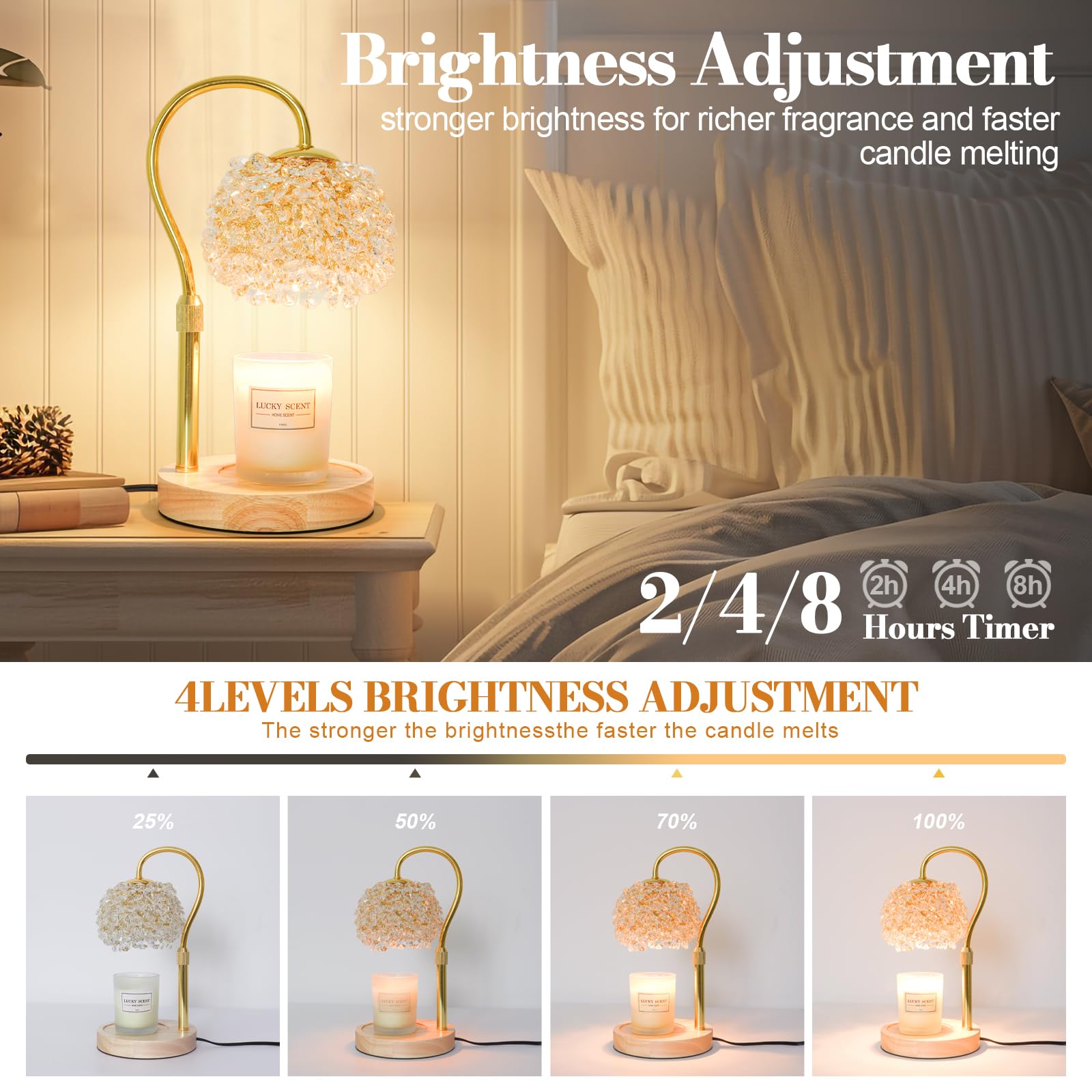 Hisummer Candle Warmer Lamp with Timer, Dimmable Candle Lamp Warmer with 312 K9 Crystals Adjustable Height Electric Candle Warmer for Women Gifts, Wax Warmer Lamp with 2 Bulbs for Jar Candles