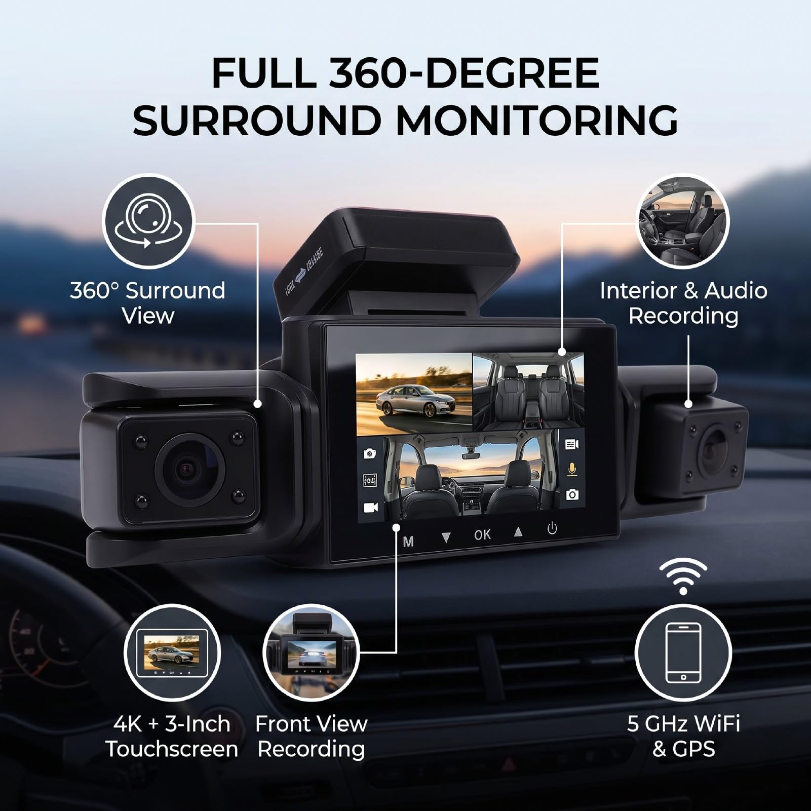 Dash Cam a 4 Canali con Vista a 360°, 4K+720P Anteriore, GPS WiFi 5G, Visione Notturna, Sensore G, modalità Parcheggio 24 Ore su 24, 7 Giorni su 7 per Auto e Camion