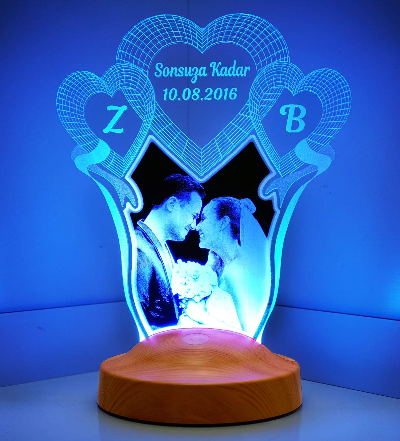 Sentidos fotogeschenk Personalisierbar con su propia foto y texto en 3D LED lámpara gravieren, hochzeit_foto