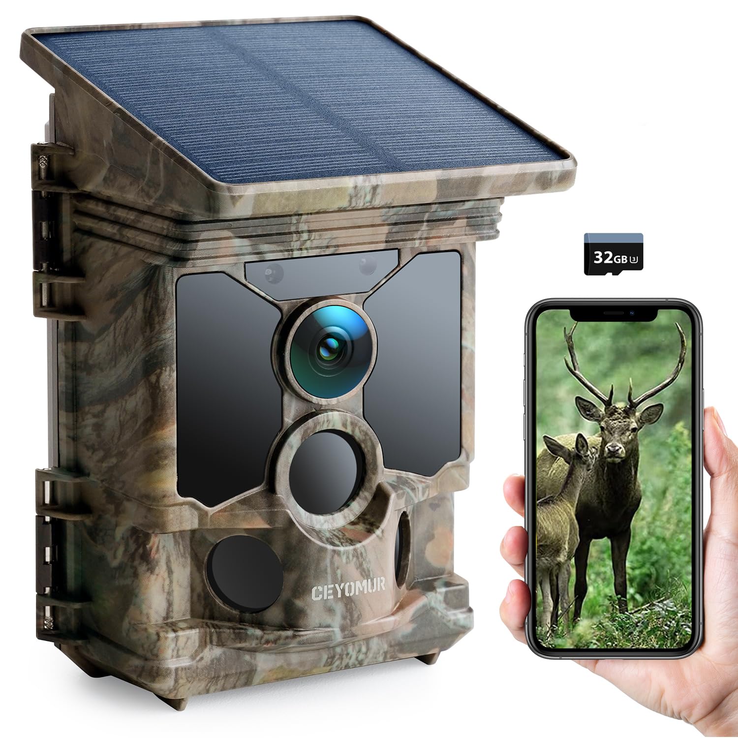 CEYOMUR Fototrappola Solare 68MP 4K 30fps, Wifi Bluetooth Fototrappola con Batteria Ricaricabile da 5200mAh Angolo di Rilevamento 120° HD Visione Notturna Impermeabile IP66