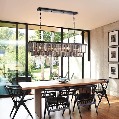 Miniatura 7 de Siljoy Lámpara de araña de cristal L47 para isla de cocina, lámparas colgantes rectangulares de techo, marco de metal negro con cristal gris ahumado