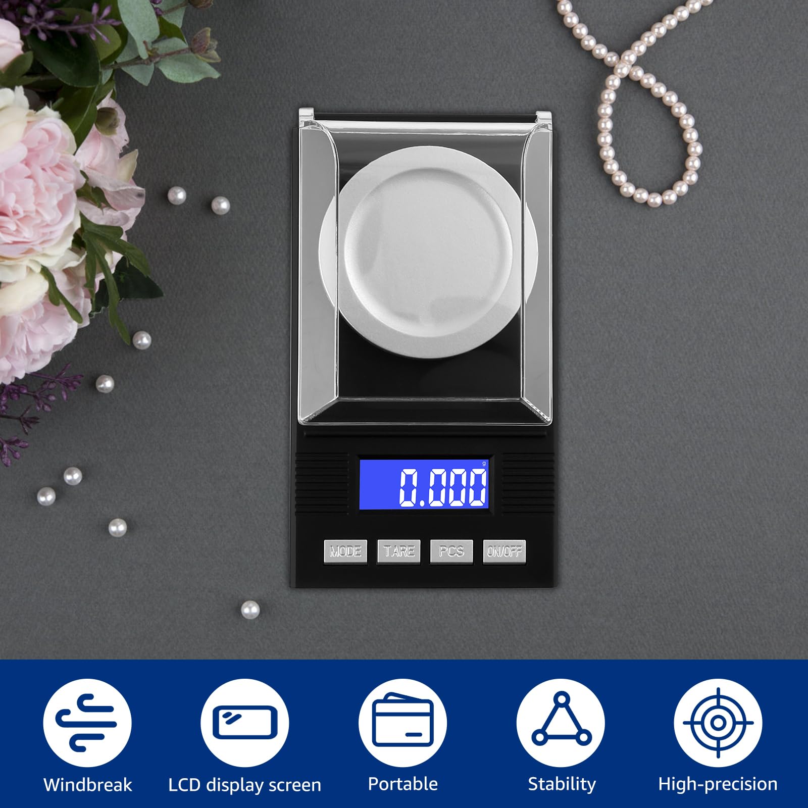 Báscula fina con pantalla LCD, 50 g/0,001 g, ultraprecisa, miligramos, resistente al viento, báscula digital, báscula de bolsillo, báscula de laboratorio, báscula dorada, báscula de cartas, para pesar