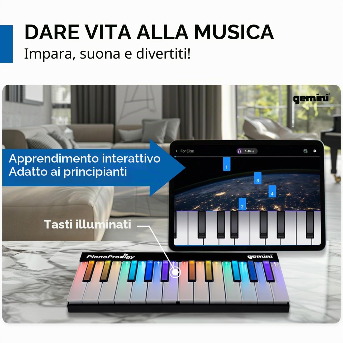 Gemini Sound PianoProdigy: Tastiera MIDI Wireless Illuminata a 24 tasti GPP-101, È Necessario Connettersi al Dispositivo iOS/Android per l'Audio, Espandibile, Bluetooth, Portatile