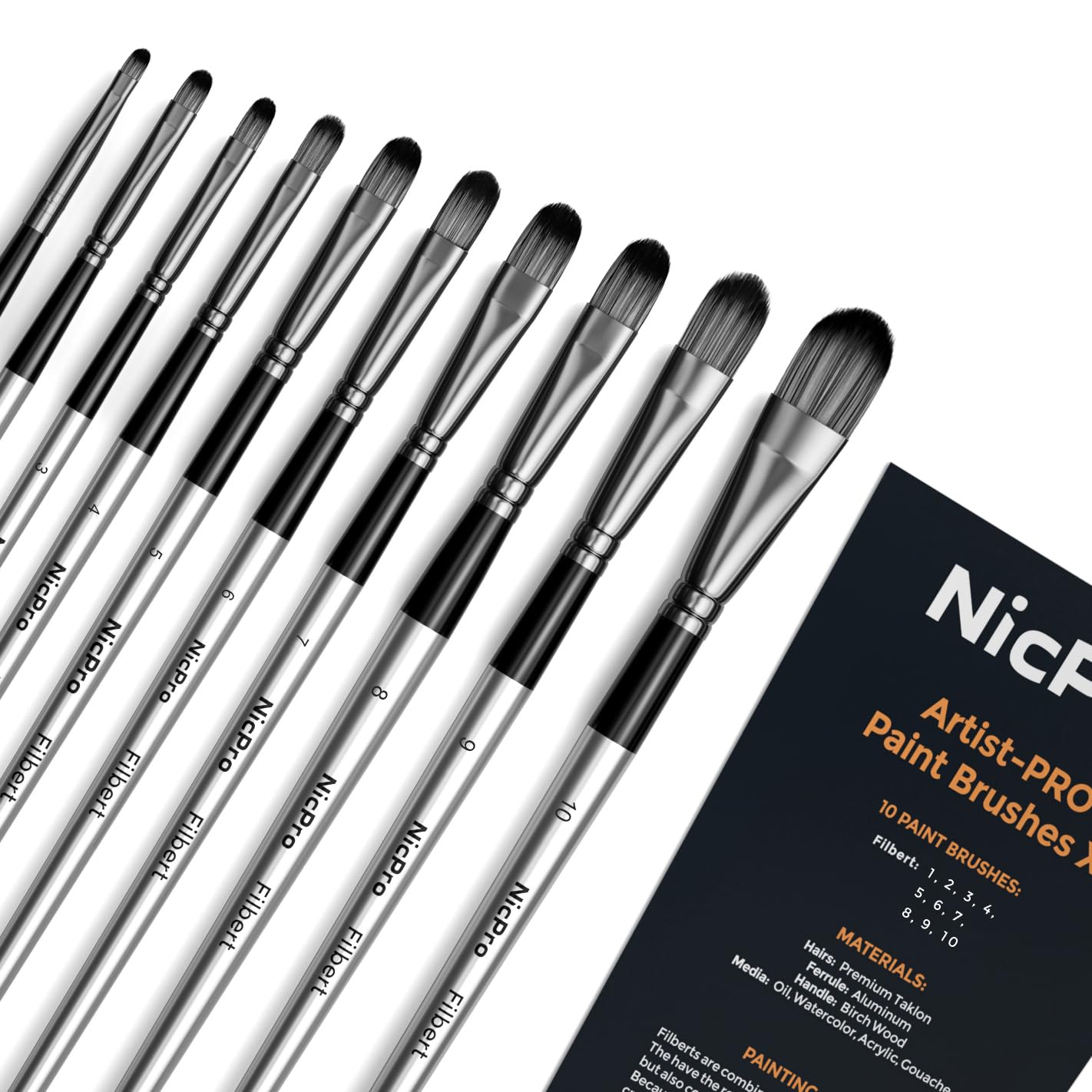 Nicpro 10 PCS Filbert Paint Brush Set for Acrylic, Watercolor, Oil, Gouache