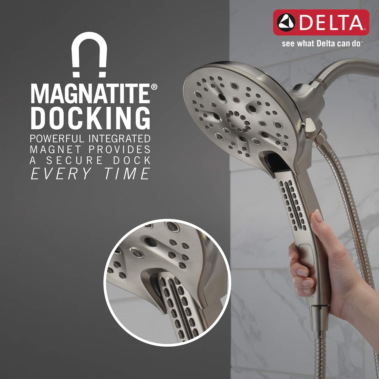 Delta 58620-SS25-PK 2-in-1 Dual Shower Head, Brushed Finish, 5 Spray Settings, Hose Included