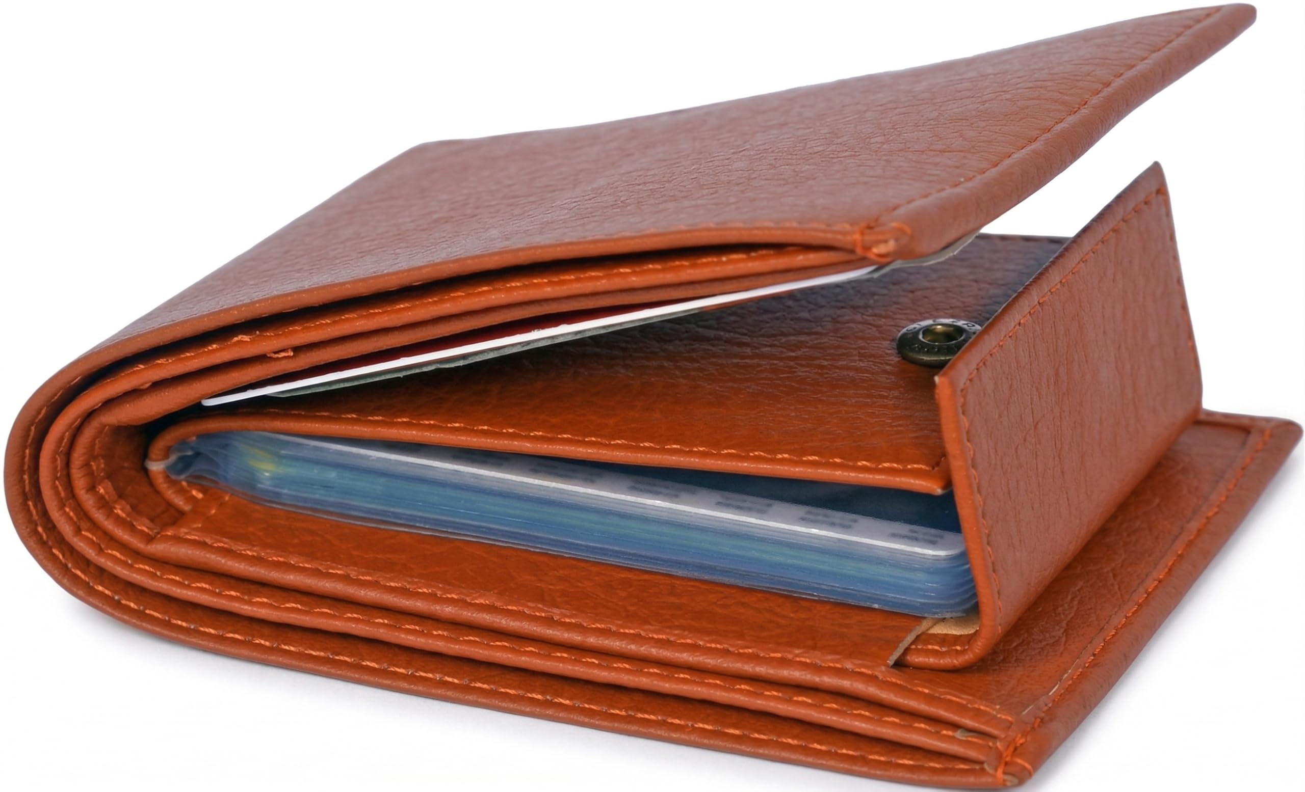 Men's Textured Tan Bifold Wallet with Expandable Card Album & Button Snap-image-43