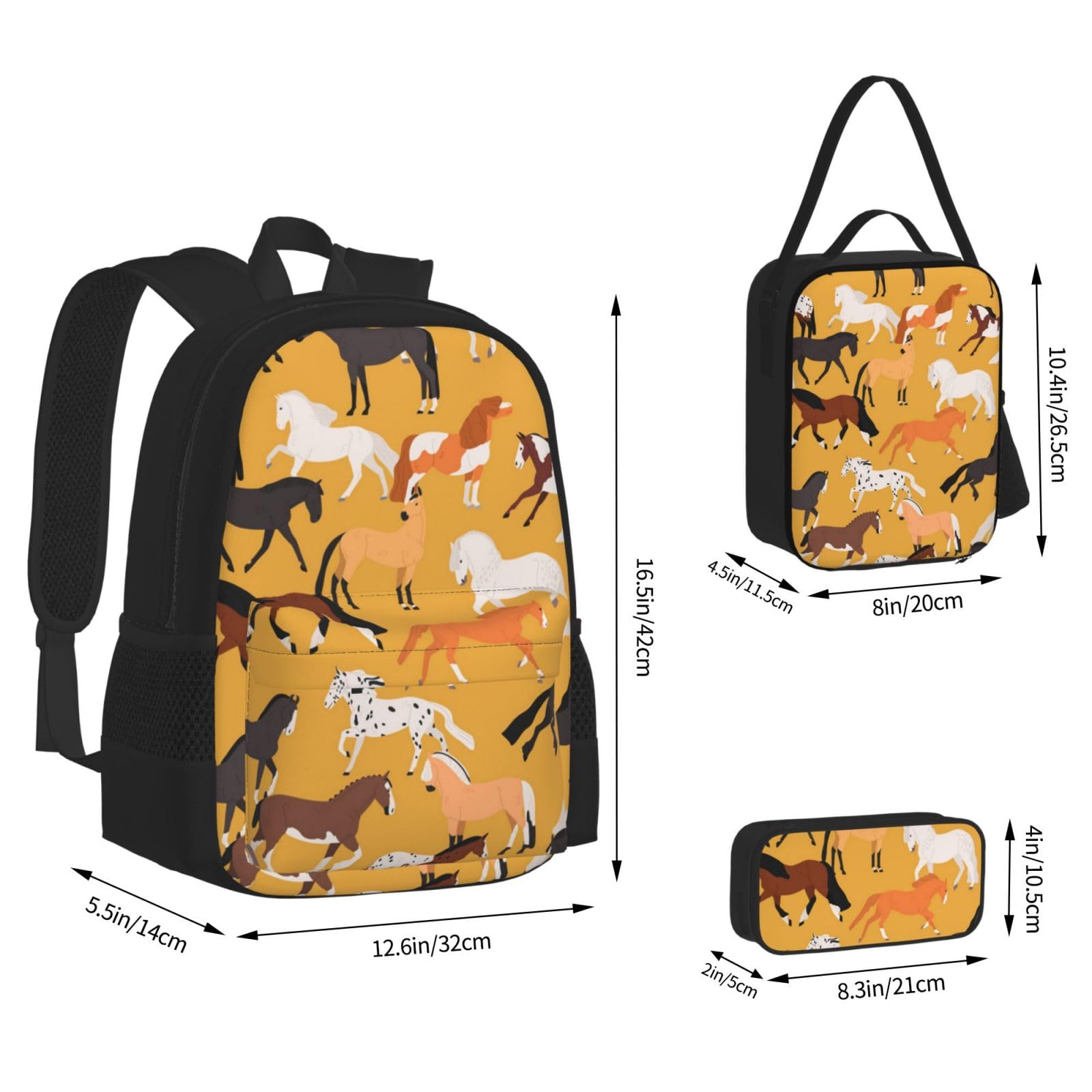 YSOLDA Juego de mochila, mochila escolar, mochila, juego de 3 piezas con bolsa de almuerzo, estuche para lápices,Varios tipos de caballos