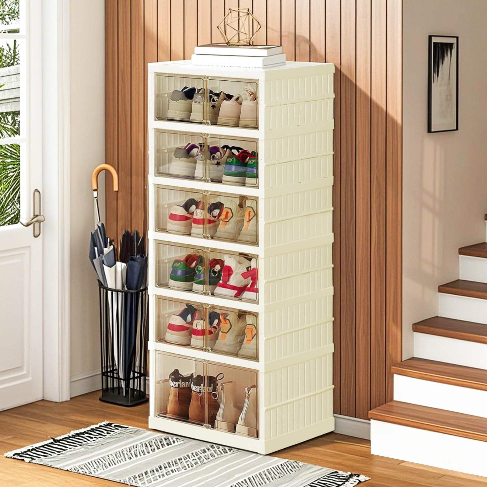Rangement Chaussures Pliable Dur Plastique 6 étage Pointure Jusqu’à 46 Casier Chaussures Meuble Armoire pour 12pcs Chaussures Boite pour Entree Salon Chambre avec aspiration magnétique Porte