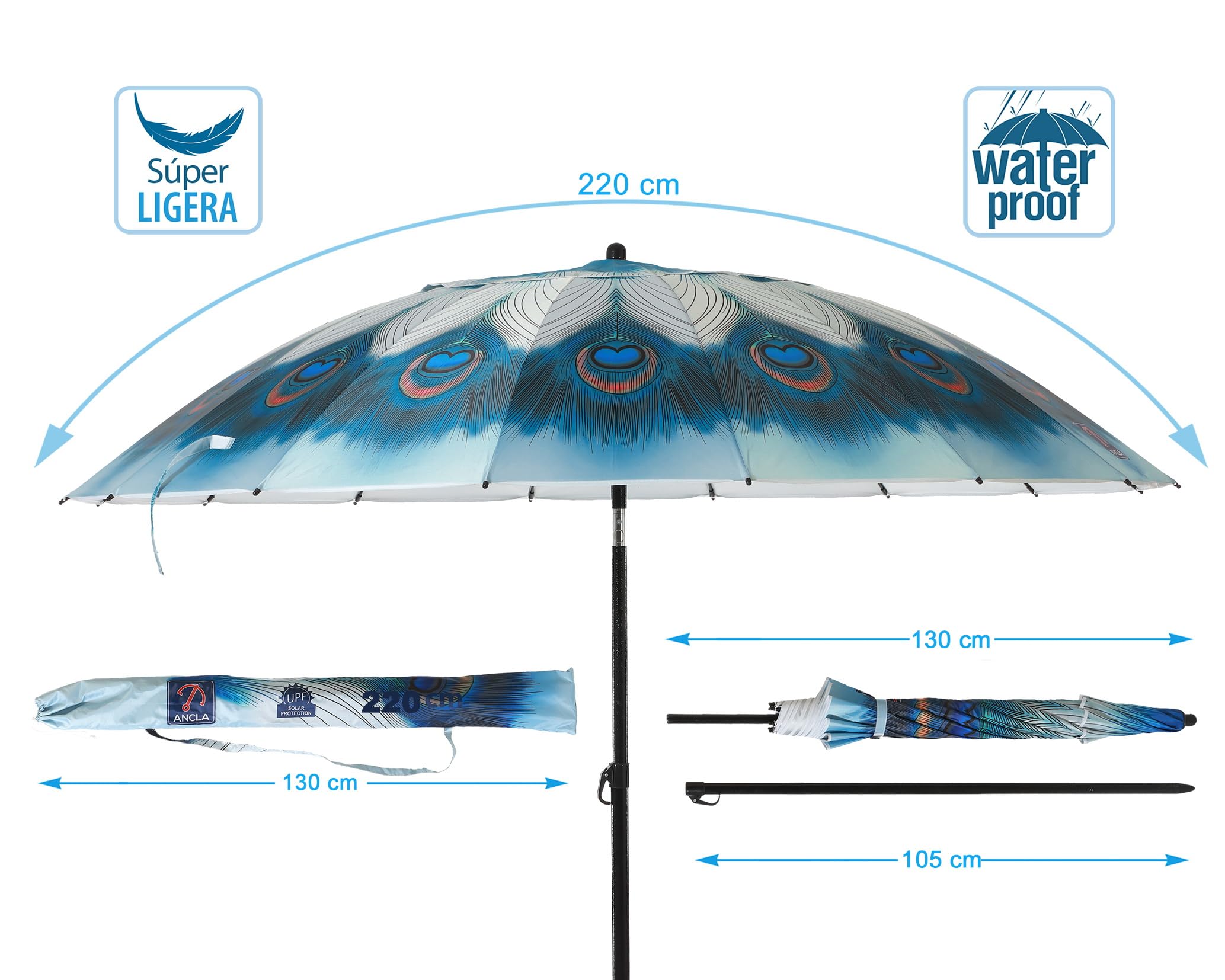 Atosa Sombrilla de Playa Ø desde 180 a 240 cm de Aluminio Modelo Pavo REal con Bolsa de Transporte y con Protección Solar UPF 50+ En Verde o Azul
