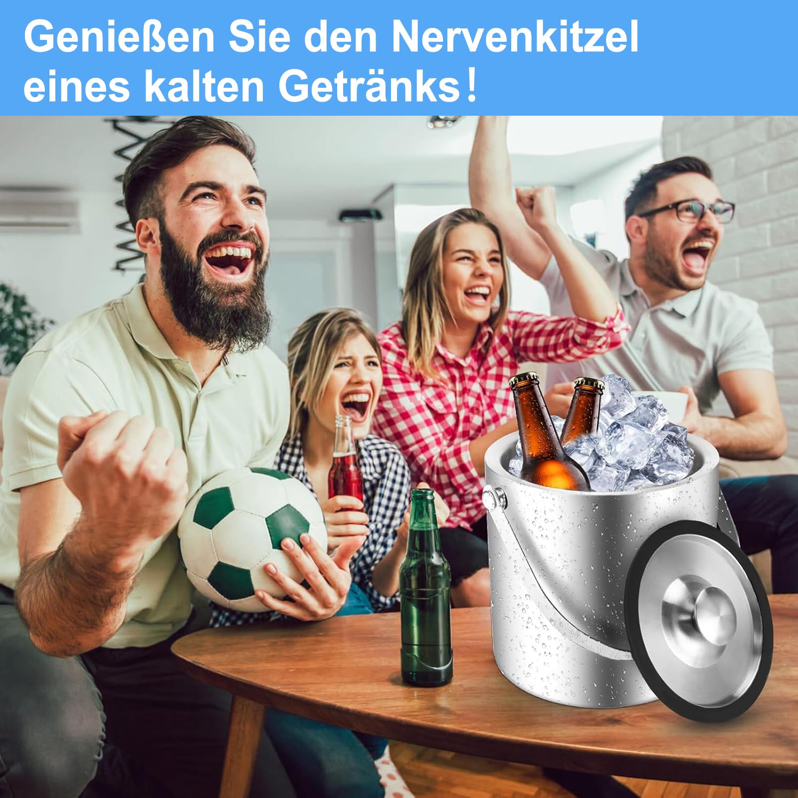 Eiswürfelbehälter, Eisbehälter rund mit Sieb und Eiszange, 2L Eiswürfelbehälte, Edelstahl Eisbehälter,Eiswürfel-Kühler für Bar, Party, zur Aufbewahrung zum Kühlen von Getränken