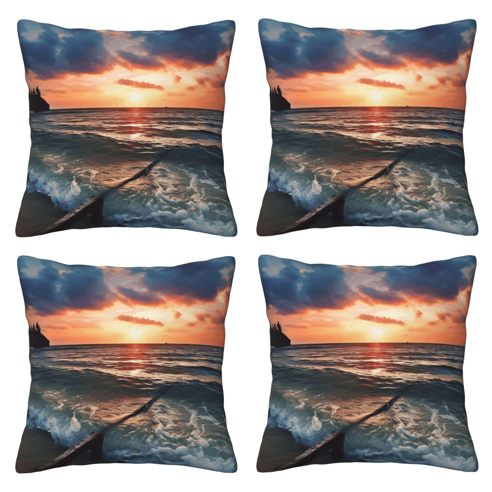 Sea at Sunset Throw Pillow Cases 4 Pack Square Pillowcases Super Soft Pillow Protectors With Zipper for Couch Livingroom Sofa Bed Office Car,45x45 CM