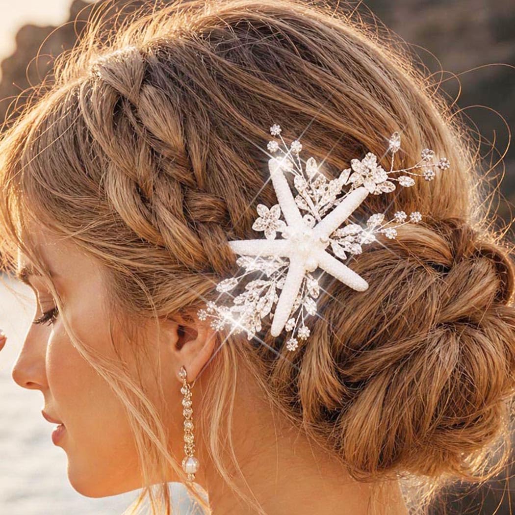 Casdre Starfish Bride Wedding Hair Comb Silver Crystal Bridal Hair Piece Pearl Beach Wedding Hair Accessories for Women and Girls