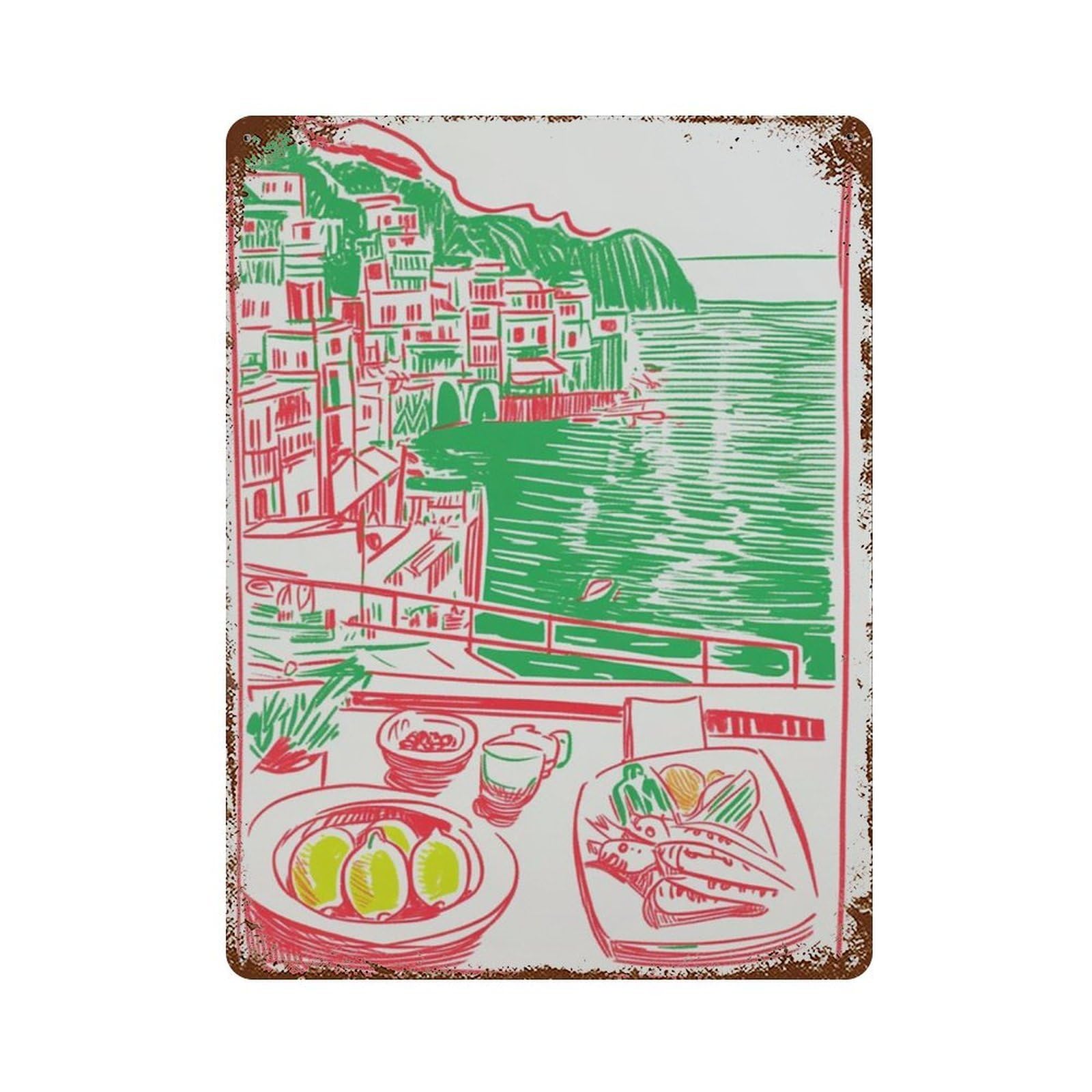 xiaoxiaoshen Amalfi Coast Italian Coastal Food Scene Mediterranean Travel Lemon Seafood Summe Wall Decor Art Metal Tin Poster Modern Home Decor Art Home Bar Shop Decorations Vintage Sign 40x30cm