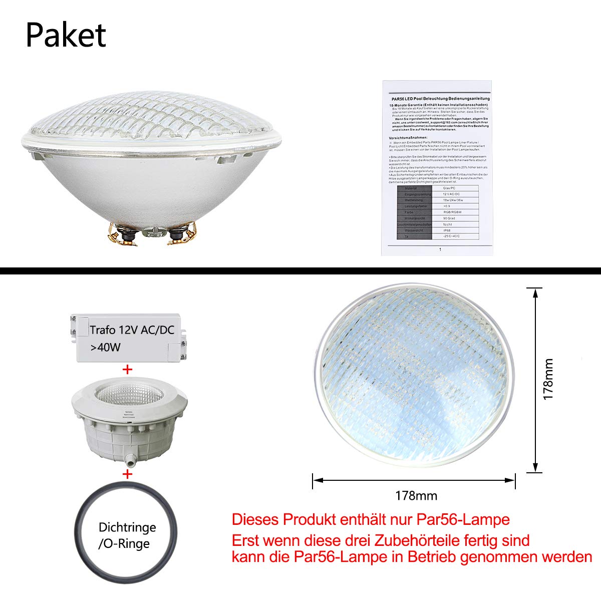 36w Par56 Piscina Lampara Piscina, LED Bombilla Sumergible, Luminarias Subacuáticas IP68 Impermeables, 12V AC/DC Reemplazar Bombillas Halógenas De 150W(Blanco Fria 6000k, 36 Watios)