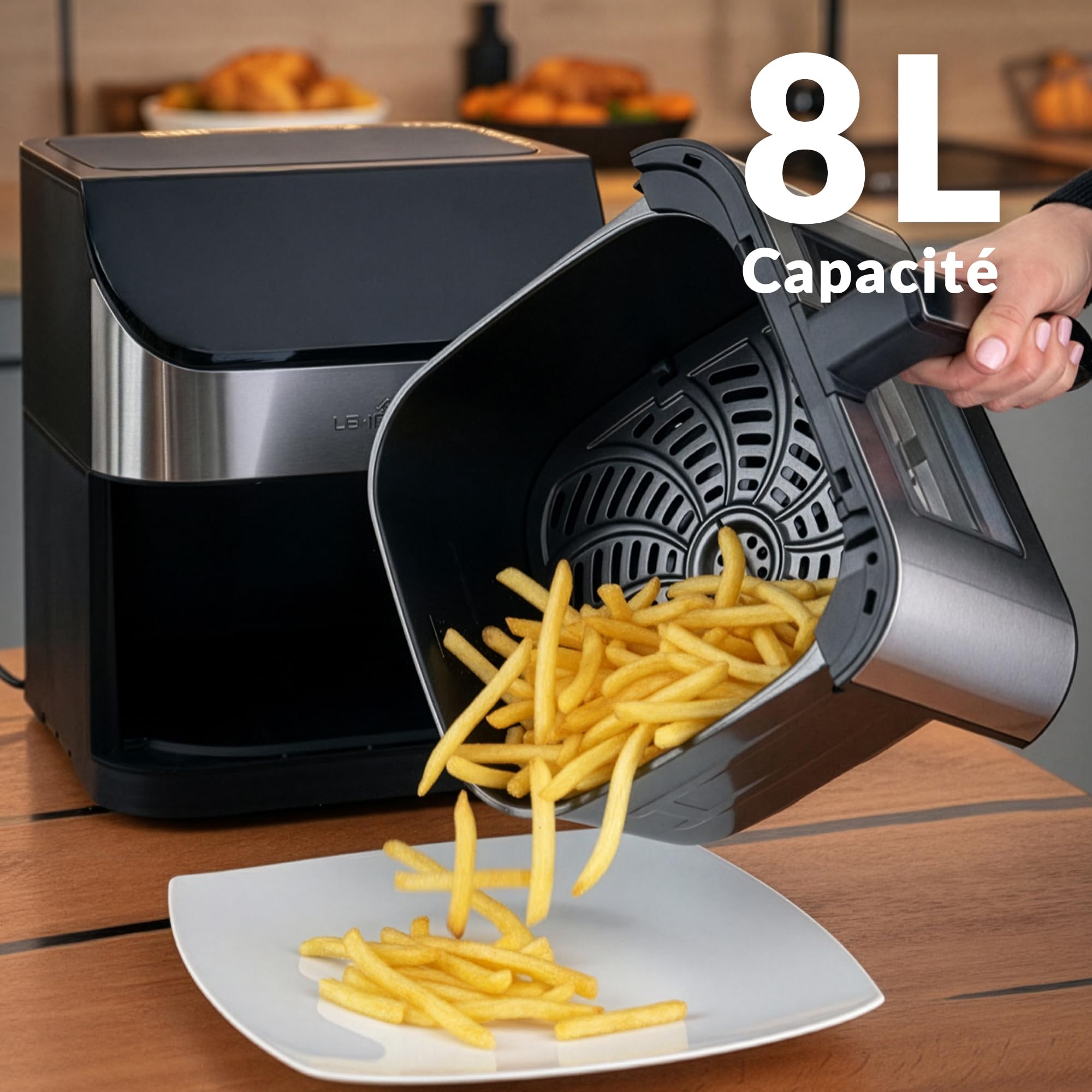 LEHMANN Air Fryer 8L avec Compartiment Flexible Dual Zone, Fenêtre, 12 programmes, Réglage Température 76-200°C, Écran Tactile LED, Revêtement Antiadhésif, 90% de Matières Grasses en Moins