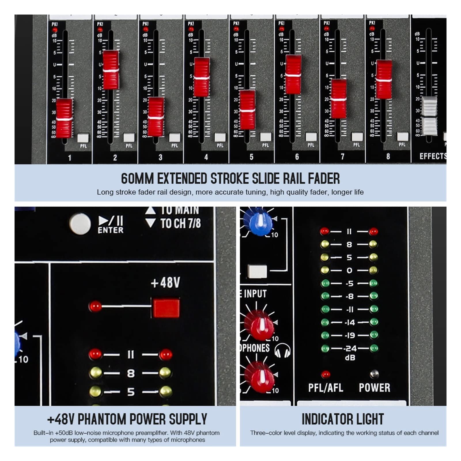 Mezclador de Audio Mezclador profesional 8 canales USB Efecto 48V Phantom Power Grabación Conferencia Etapa Fiesta Consoel