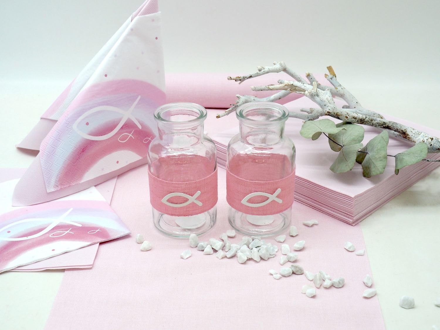 ZauberDeko Tischdeko Kommunion Konfirmation Taufe Pink Rosa Weiß Fisch Regenbogen Set 20 Personen