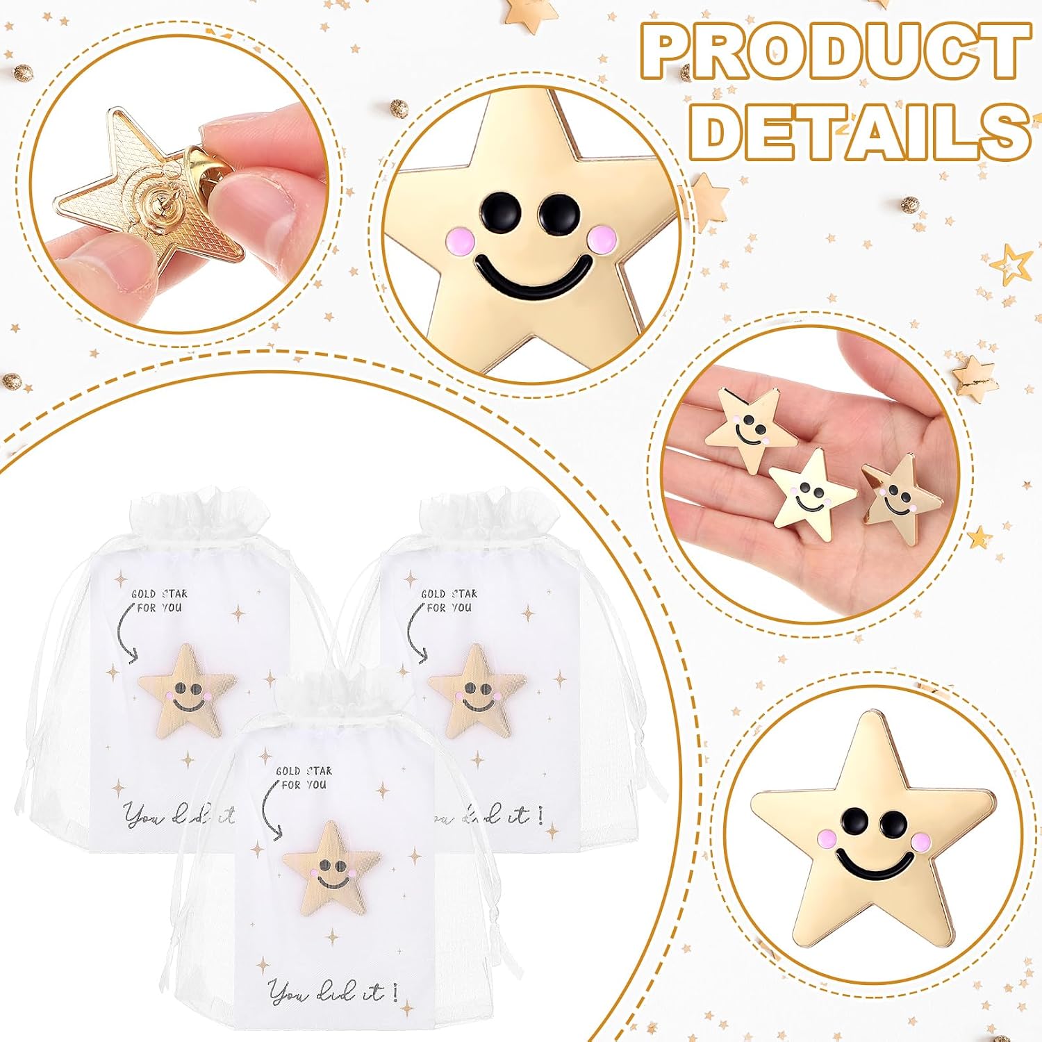 Yinkin 30 Sets Golden Star Pins Bulk, Back to School Gift for Student Smile Star Pins with Greeting Cards for Reward Student Teacher Office Coworker Staff