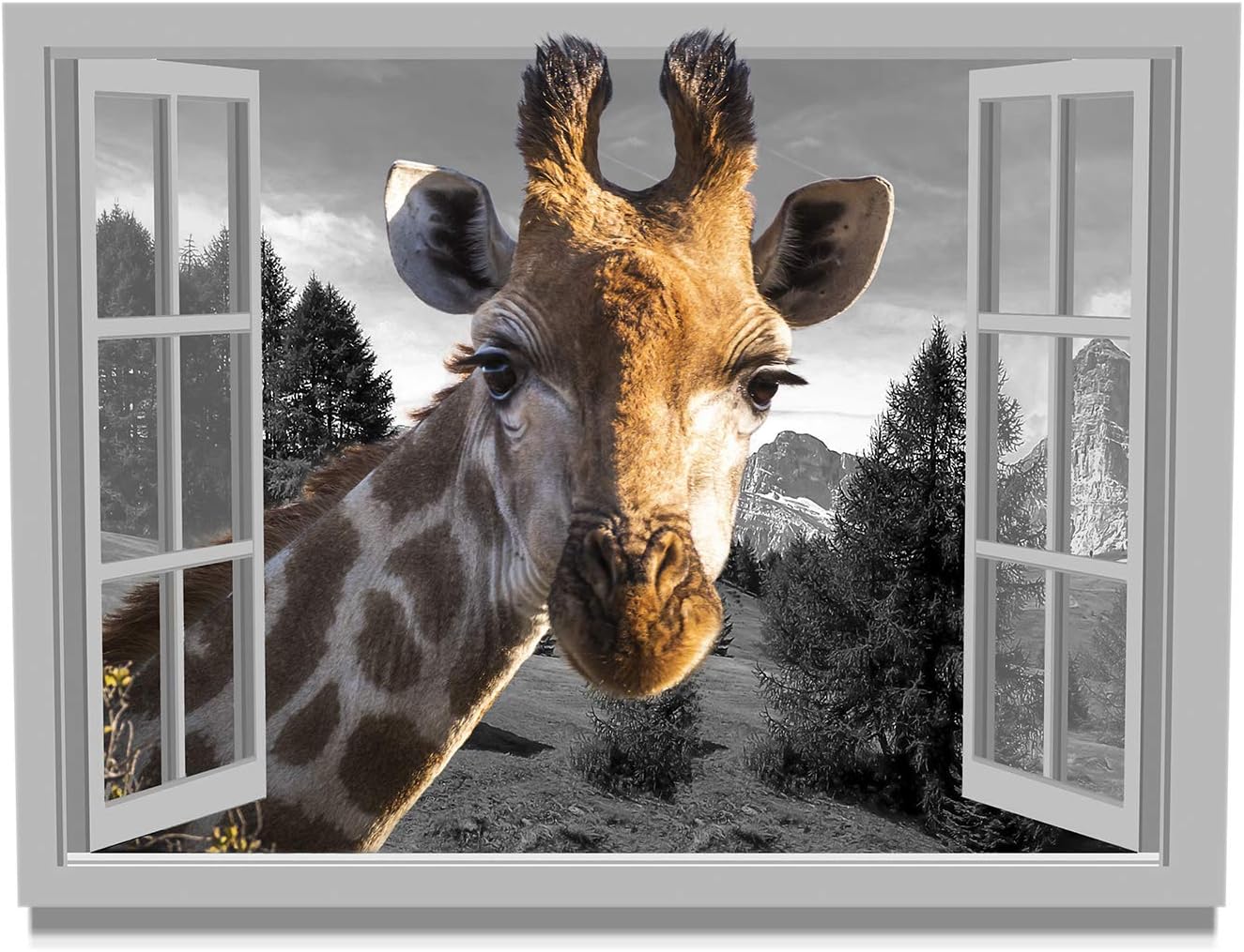 USIXA Giraffe Canvas Wall Art for Living Room Bedroom Wall Decor 16x24Inch Framed Animal Head from Open Window Bathroom Wall Decoration Prints Painting Black White Window View Landscape Wall Picture