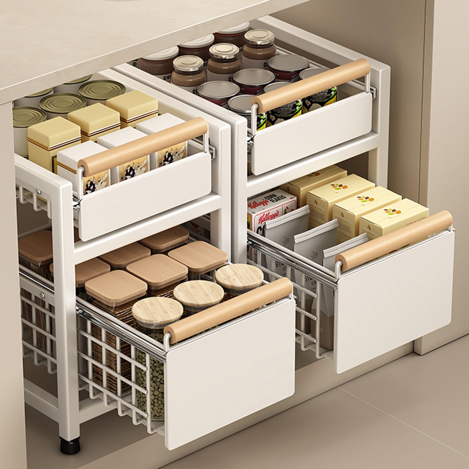 Organizer Sottolavello, Organizer per Mobiletto Estraibile A 2 Livelli, 2 Cassetti Estraibili, Ripiani Portaoggetti per Cucina, Soggiorno, Bagno,White-Set of 2