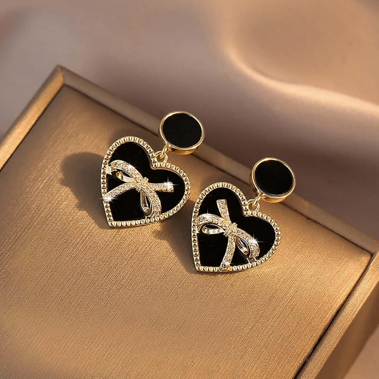 W WEILIRIAN Boho Crystal Heart Drop Earrings Love Heart Dangle Earrings Rhinestone Bow Earrings Black Round Stud Earrings Jewelry for Women - Image 4
