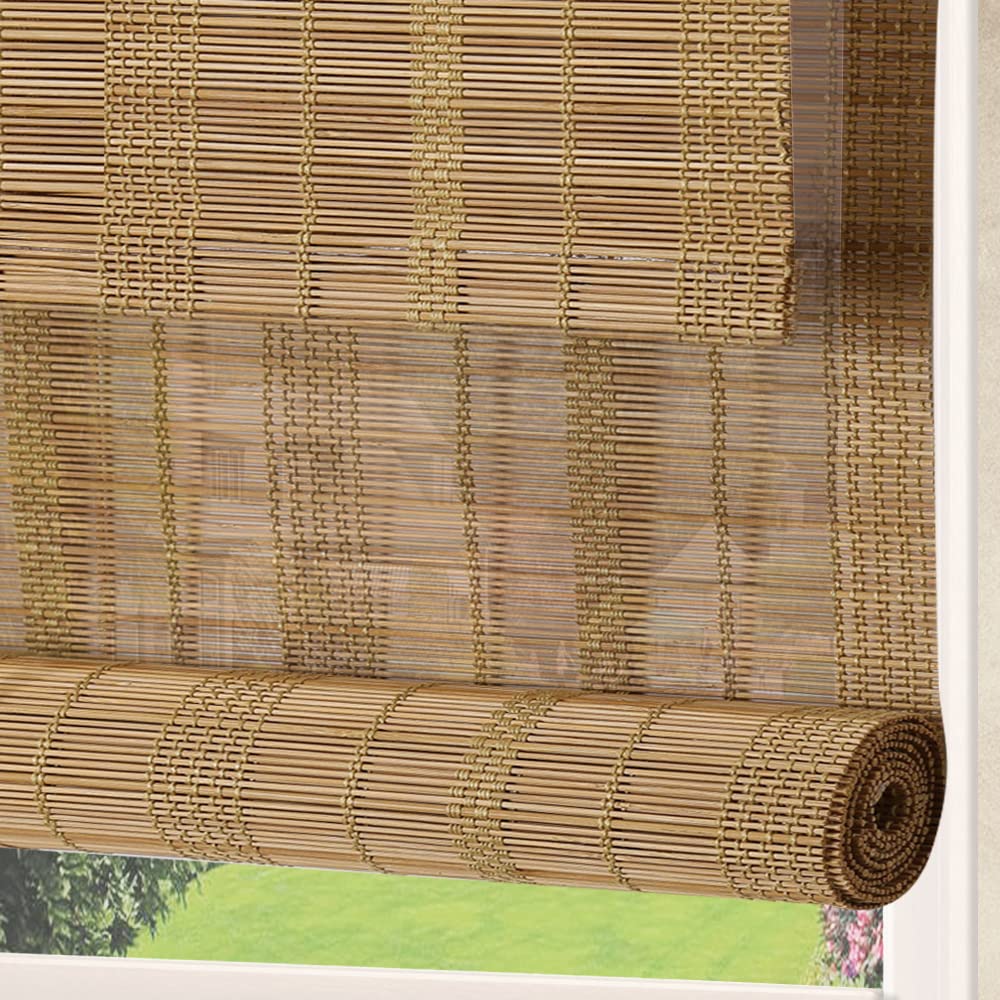 LANTIME Wood Window Blinds Shades, Lined Blackout Bamboo Roller Shades, Easy Installation for Home and Garden, Pattern 5