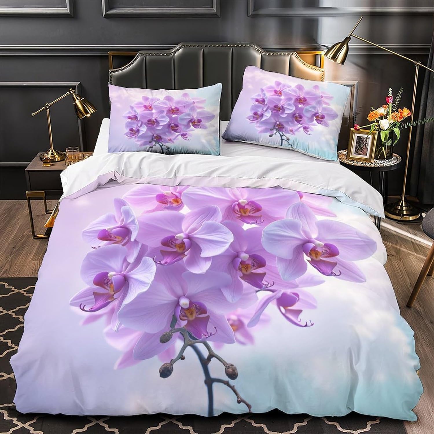 Funda Nordica Cama 135/150 Orquídea Phalaenopsis Ropa de Cama 3D Flores MoradasMicrofibra Suave 3 Piezas Include 1 Fundas Nórdica 135x200 cm y 2 Fundas de Almohada 50x75cm E-520