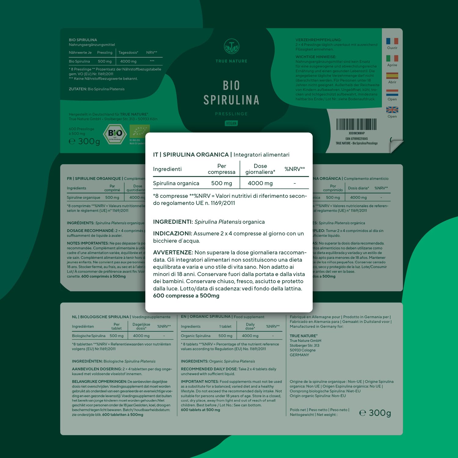 Spirulina Bio - 600 compresse 500 mg - 4000 mg dose giornaliera - Ricca di ficocianina e proteine - ultra dimagrante - Alga Spirulina pura - TRUE NATURE