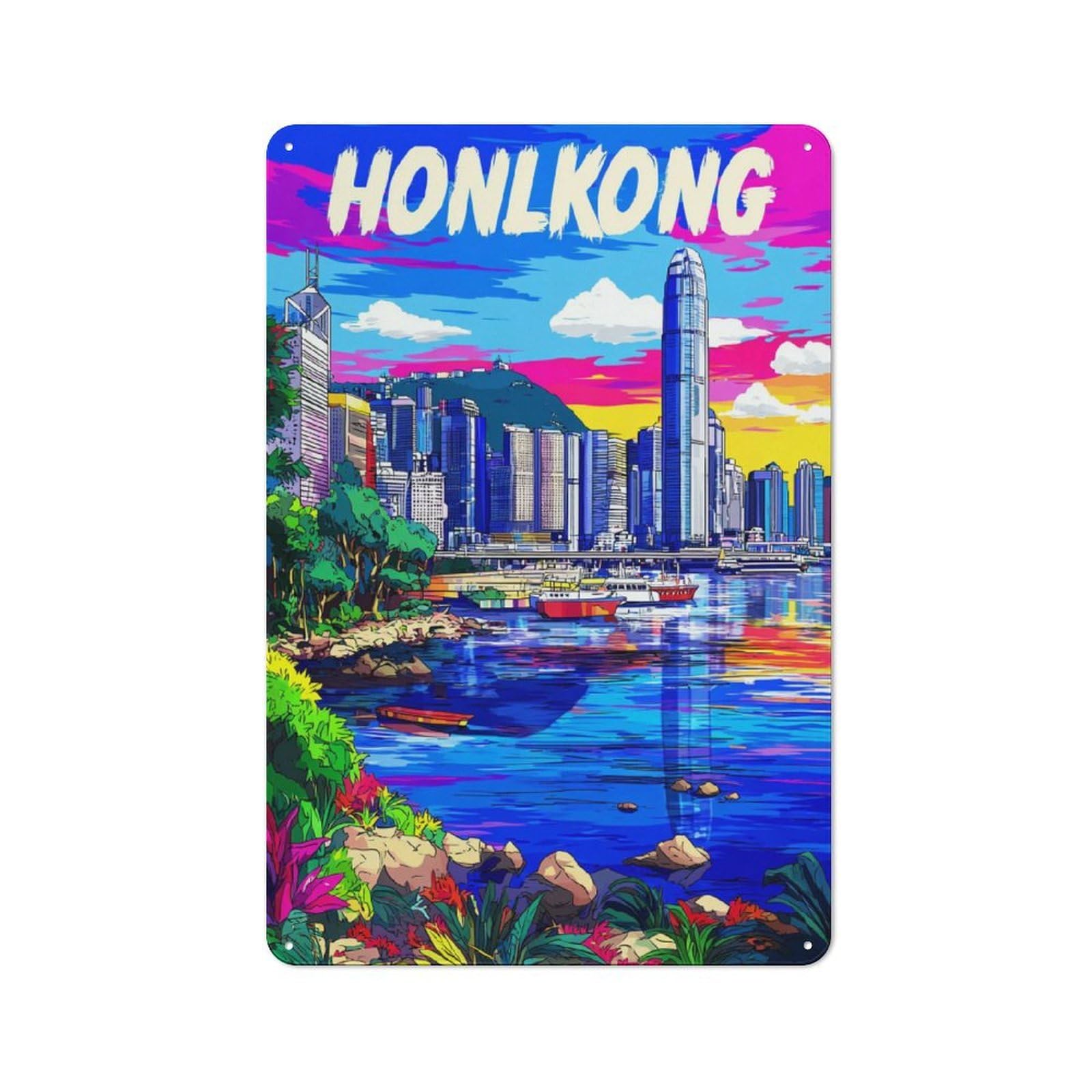 Junmoney Colorful Hong Kong Skyline Vintage Metal Gift Sign 30X20cm, Home Wall Decor For Bedroom, Kitchen, Office Or Living Room