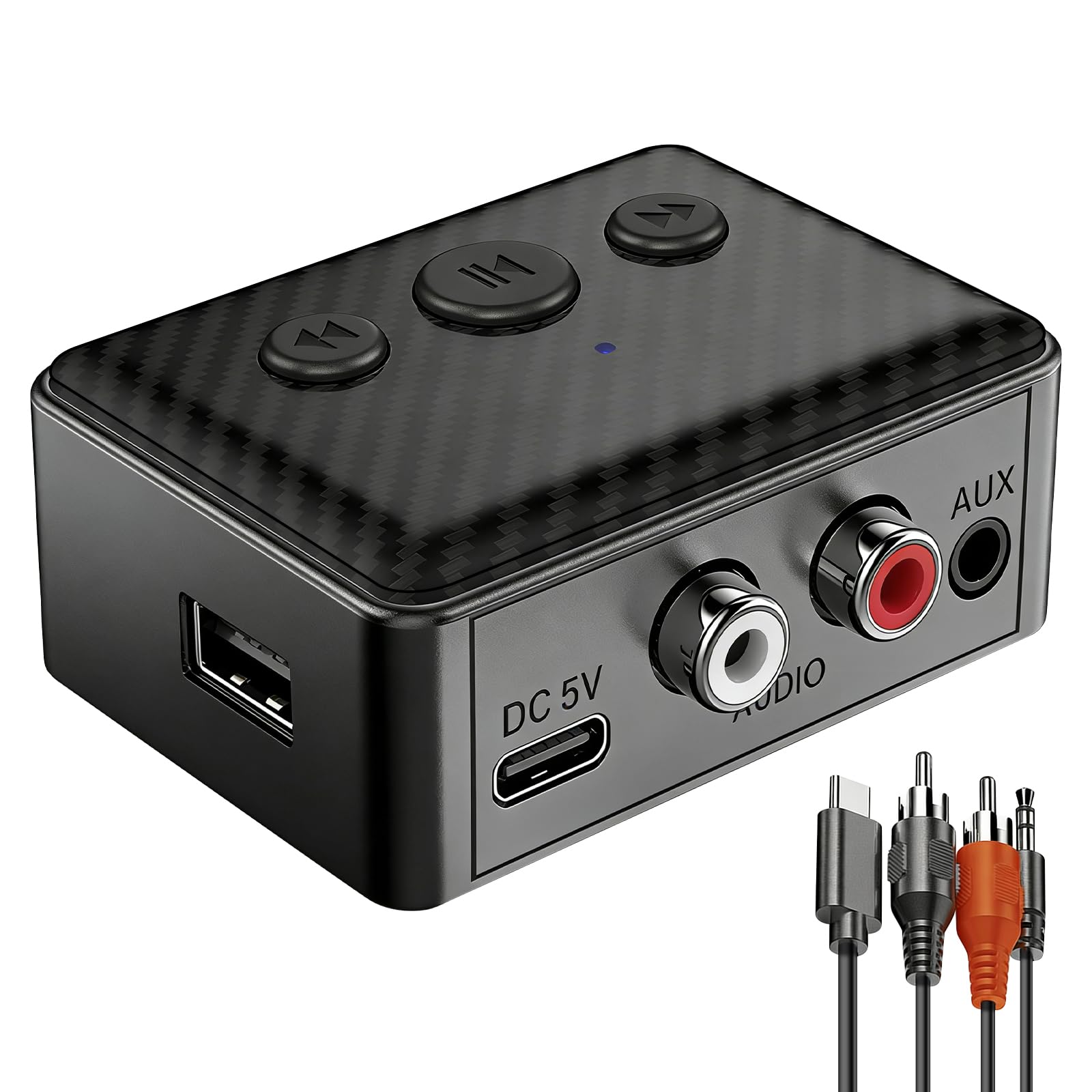 Bluetooth Audio Receiver Adaptador Bluetooth 5.4 con Salida AUX/RCA y Control de Volumen, Reproducción USB, para Coche & Hogar, Sonido HiFi, Incluye Cable Audio