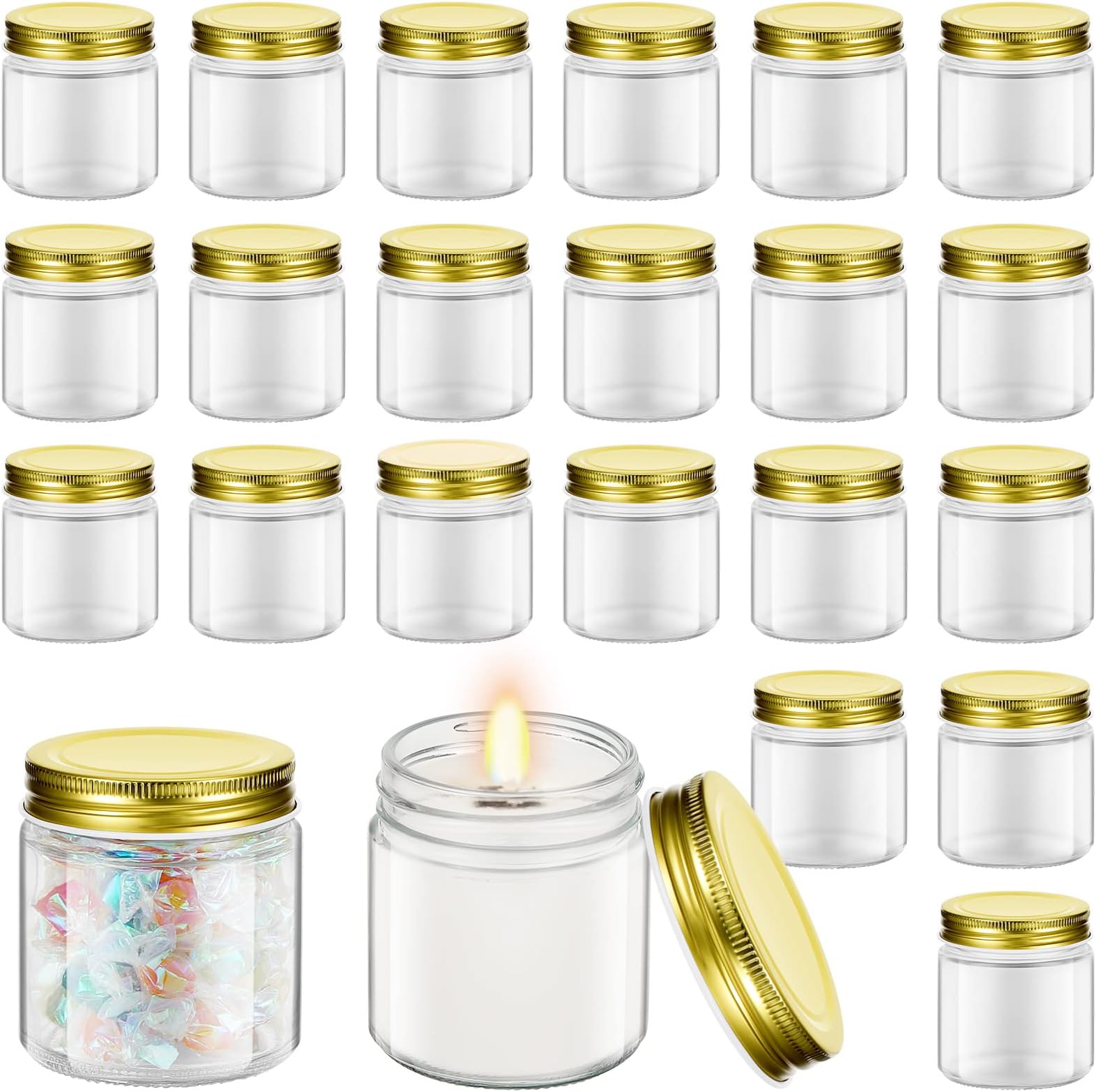 32 Pcs Thick Glass Jars with Lids Canning Jars 8 oz Clear Round Candle Jars Wide Mouth Pickle Jars with Lids Glass Storage Containers with Lids for Spice Powder Honey, Dishwasher Safe (Gold Lid)