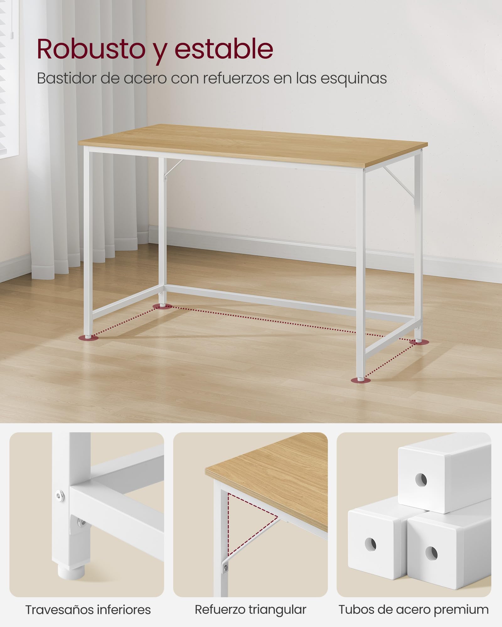 VASAGLE Escritorio, Mesa Oficina Pequeña y Estación Trabajo, Mesa para Teletrabajo, Estudio, Dormitorio, 60 x 120 x 76 cm, Estilo Moderno, Estructura Metal, Roble Natural y Blanco Perla LWD039W70