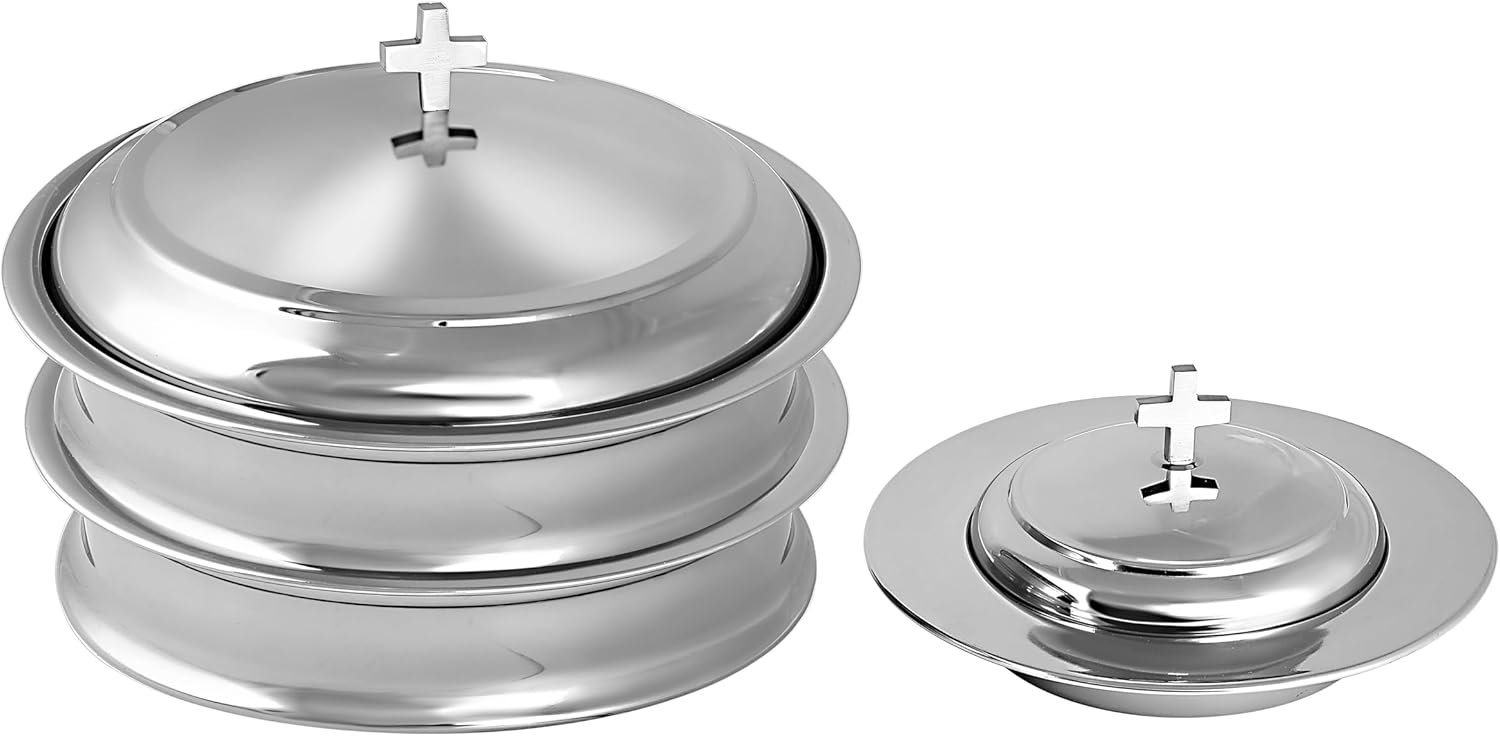 Communion Ware – 2 bandejas para servir vino santo con tapa y 1 plato de pan apilable con tapa, acero inoxidable (espejoplateado)