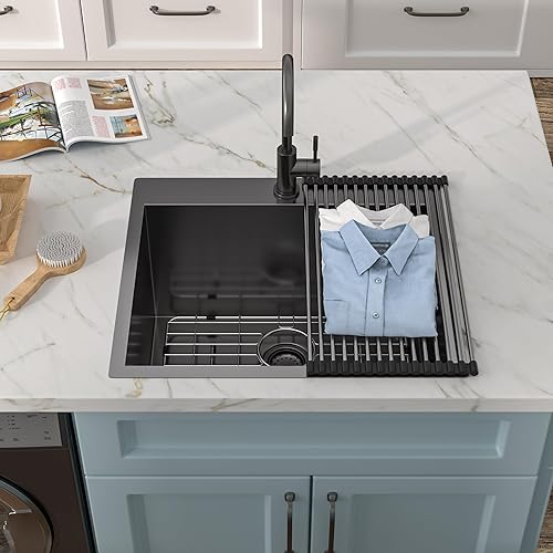 Miniatura 57 de Fregadero de lavandería de 25 x 22 pulgadas, montaje superior, acero inoxidable T304, calibre 16, 12 pulgadas de profundidad, fregadero individual