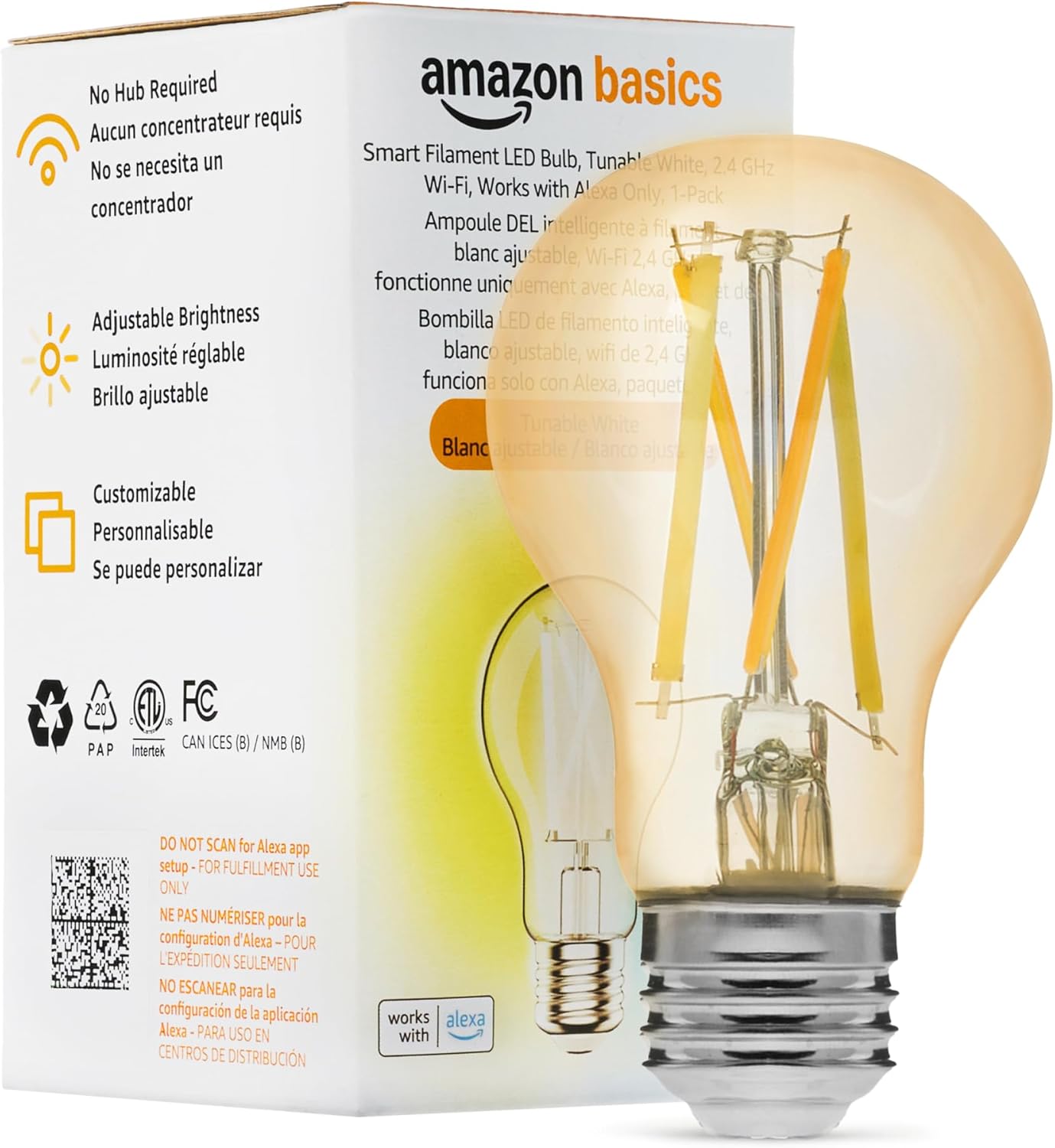 Amazon Basics A19 Smart Filament LED Bulb, Tunable White, 2.4 GHz Wi-Fi, Works with Alexa Only, 1-Pack