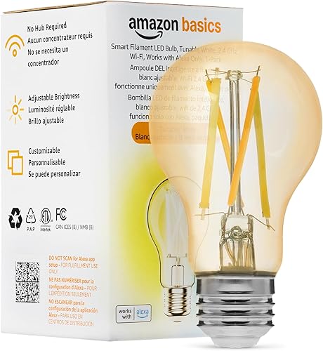 Tienda Basics Bombilla LED de filamento inteligente A19, blanco sintonizable, Wi-Fi de 2.4 GHz, funciona solo con Alexa, paquete de 1