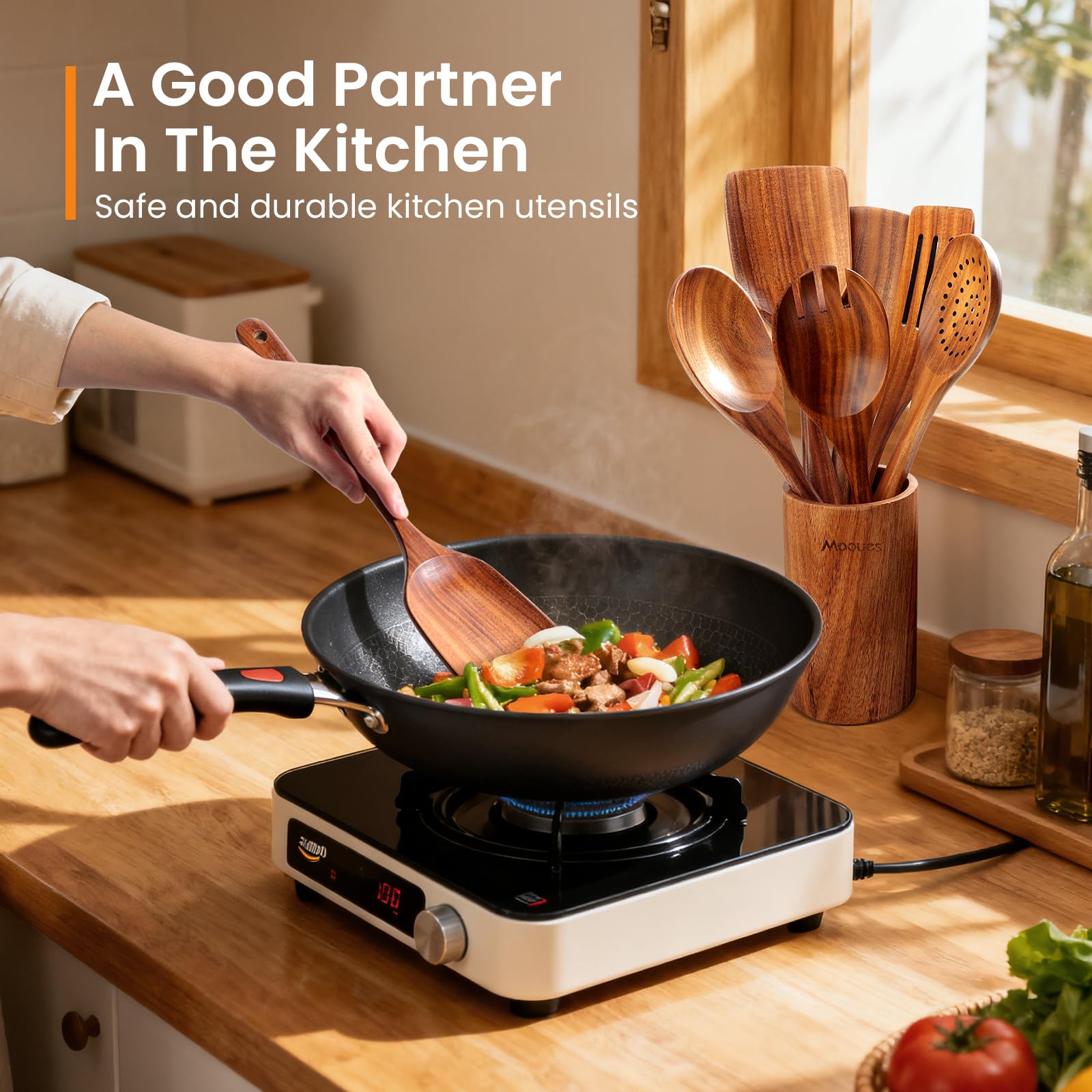 Ustensiles de Cuisine en Bois de Teck 9 Pièces, Ensemble Premium avec Cuillères, Spatule et Support, Naturels, Résistants à la Chaleur et Anti-Rayures, Facile à Nettoyer pour Cuisine Quotidienne (9)