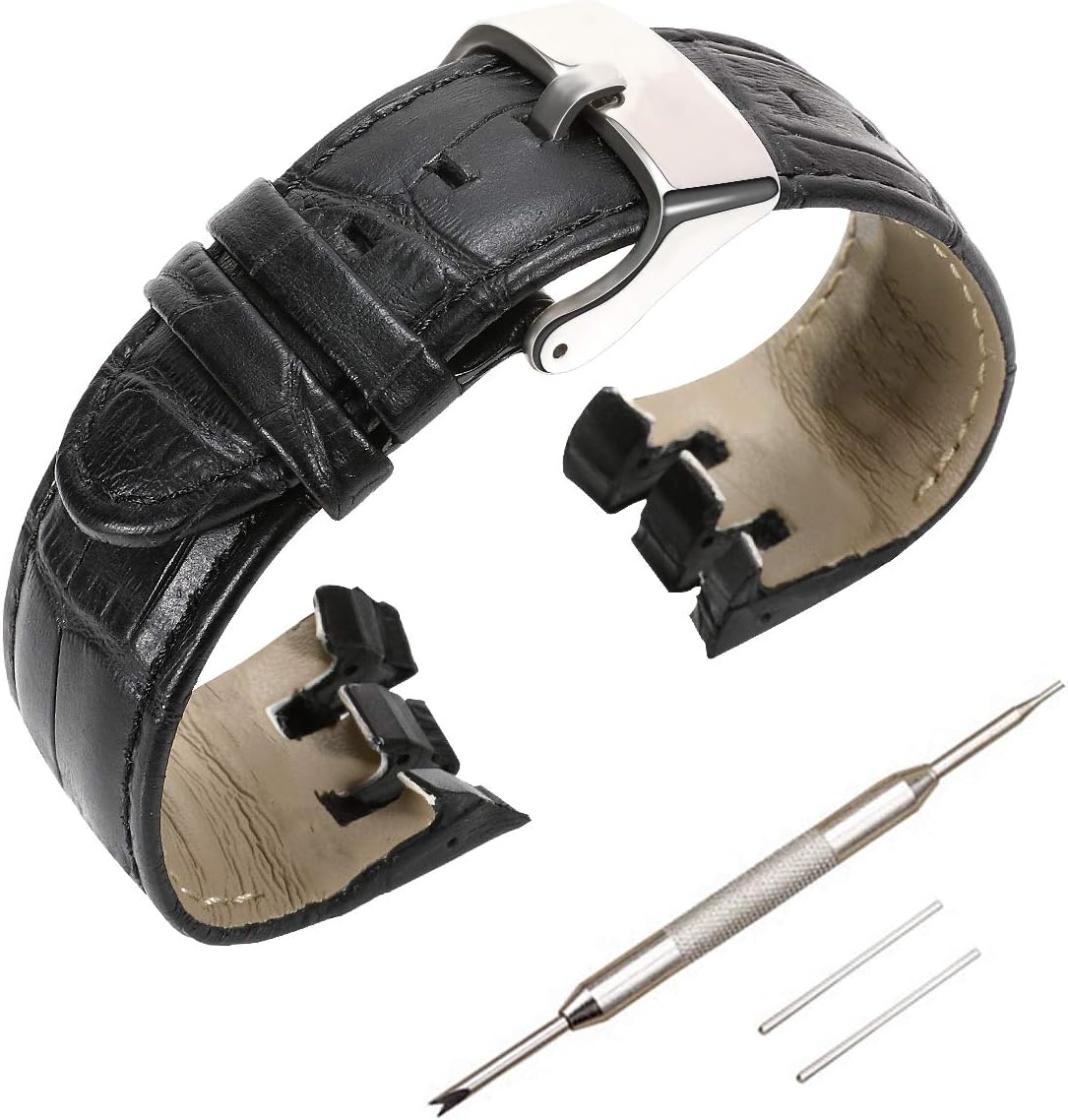 Genuine Leather Watch Strap Watch Band for Swatch, Accessories with Tool, Spring Bar Removal Tool, Full Calf Grain Skin Strip with Sliver Buckle, for Men Women Color & Width 16mm 18mm 20mm 21mm 24mm
