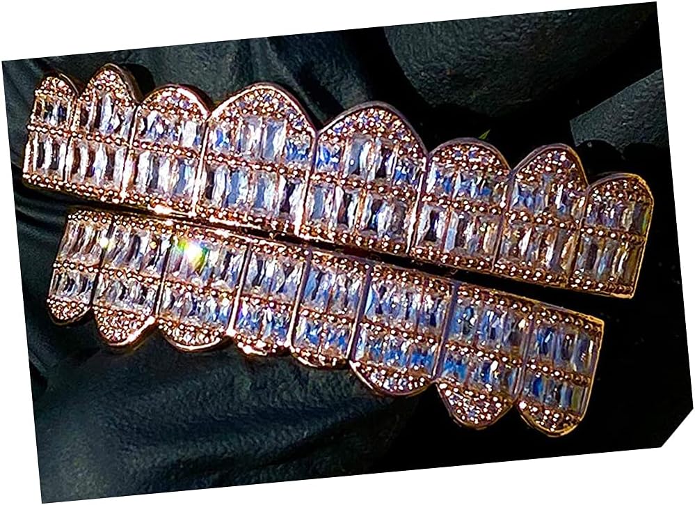 14k Rose Gold Baguette Joker Pink Grillz for Mouth Top Bottom Hip Hop Teeth Grills for Teeth Mouth Grillz for Mouth Top Bottom Hip Hop 8 Teeth Prong Set Cz Diamonds Grills for Tooth