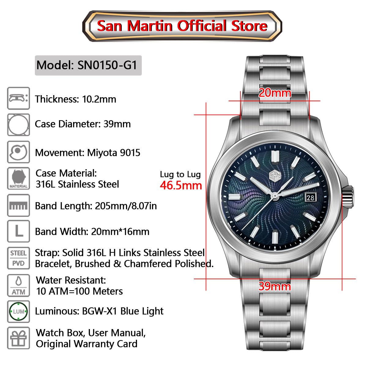 San Martin 39 mm Guilloche MOP Dial Dress Męskie zegarki 9015 Luksusowe męskie automatyczne mechaniczne SN0150 zegarek